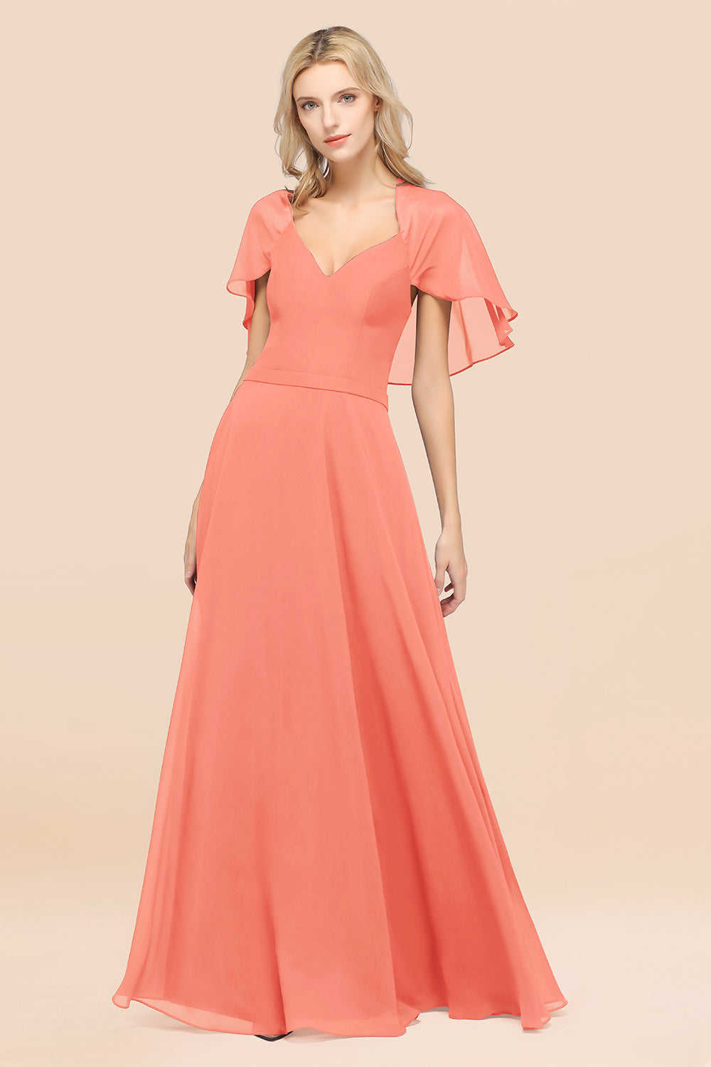 Chic Satin V-Neck Long Burgundy Chiffon Bridesmaid Dress with Flutter Sleeve-27dress