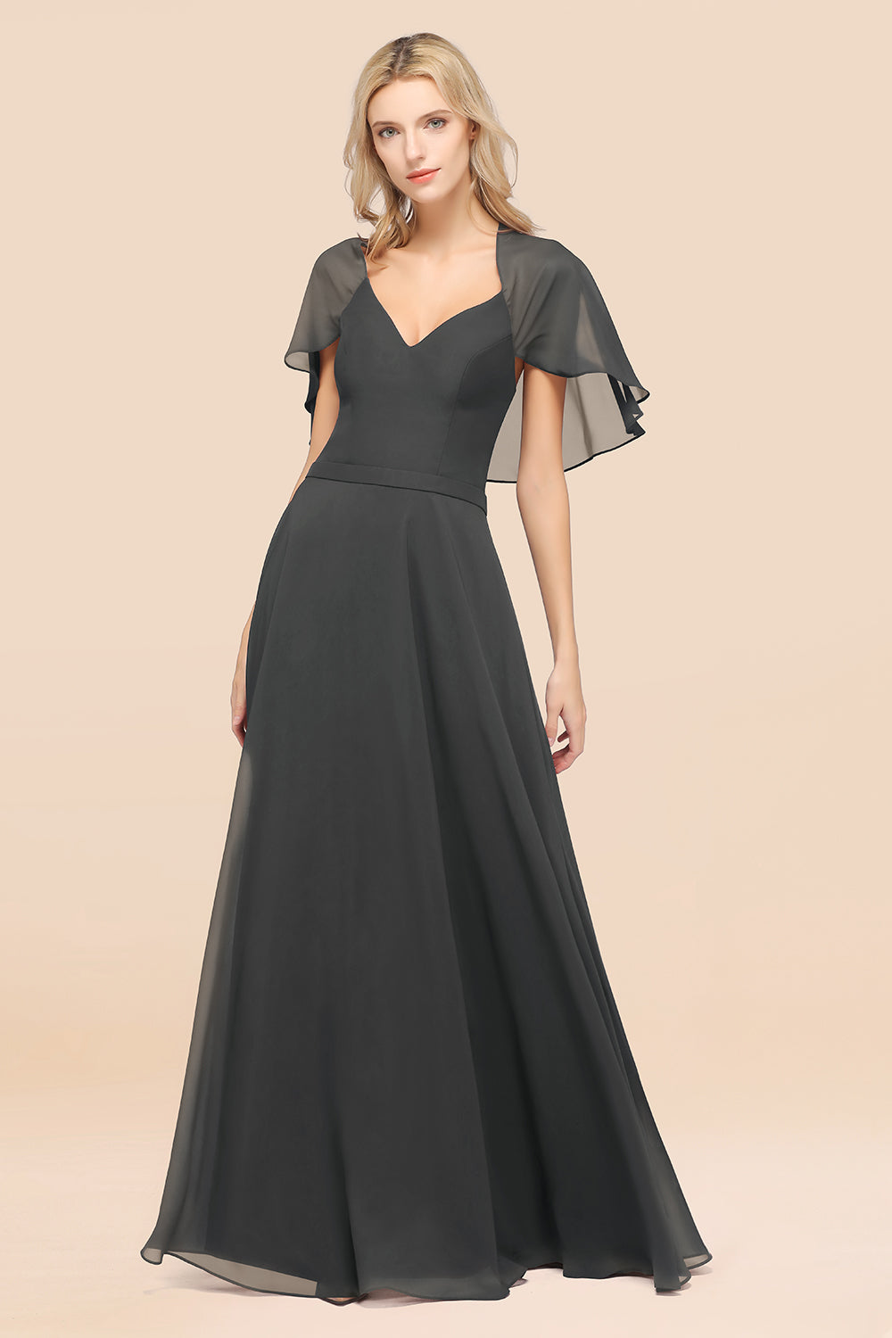 Chic Satin V-Neck Long Burgundy Chiffon Bridesmaid Dress with Flutter Sleeve-27dress