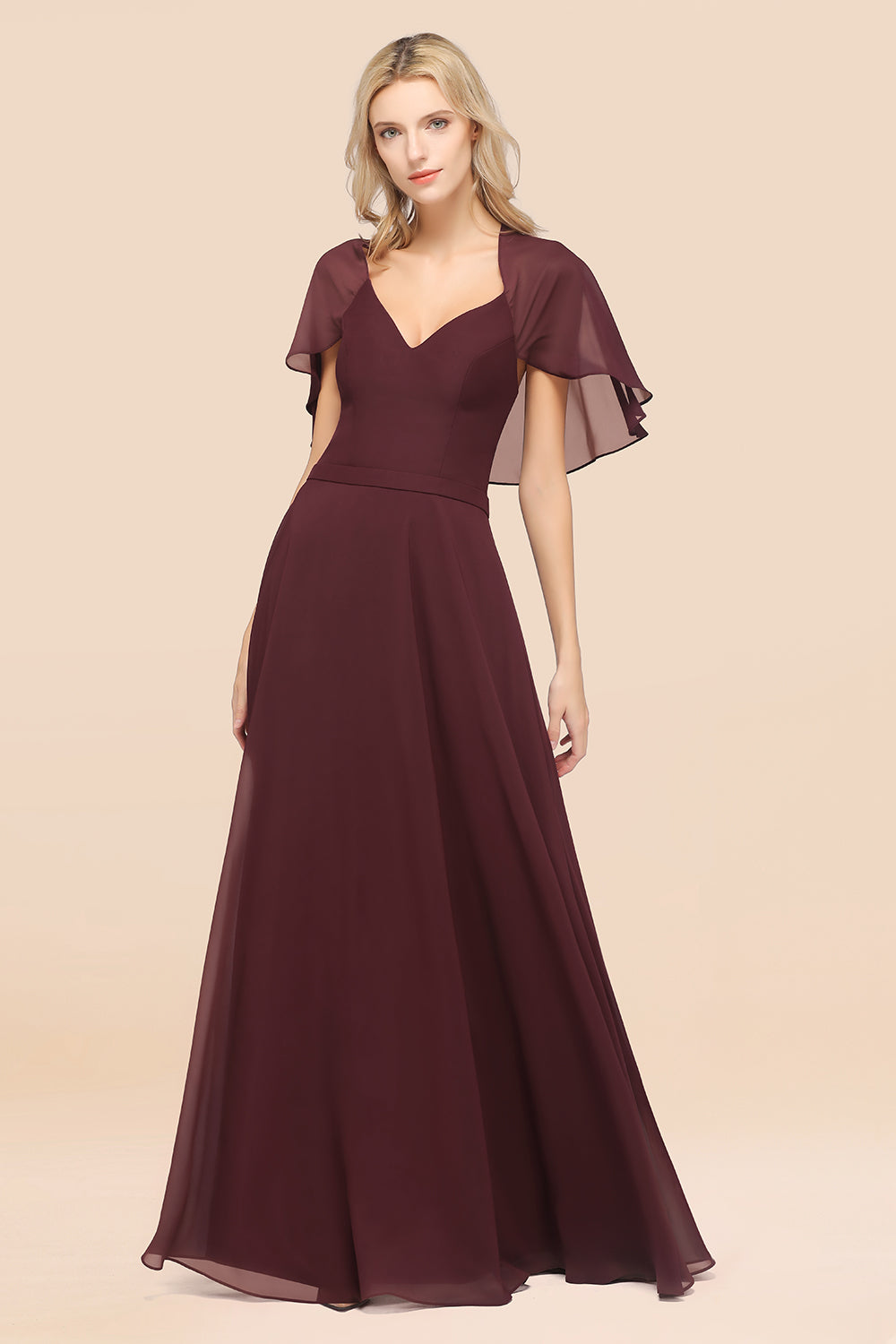 Chic Satin V-Neck Long Burgundy Chiffon Bridesmaid Dress with Flutter Sleeve-27dress