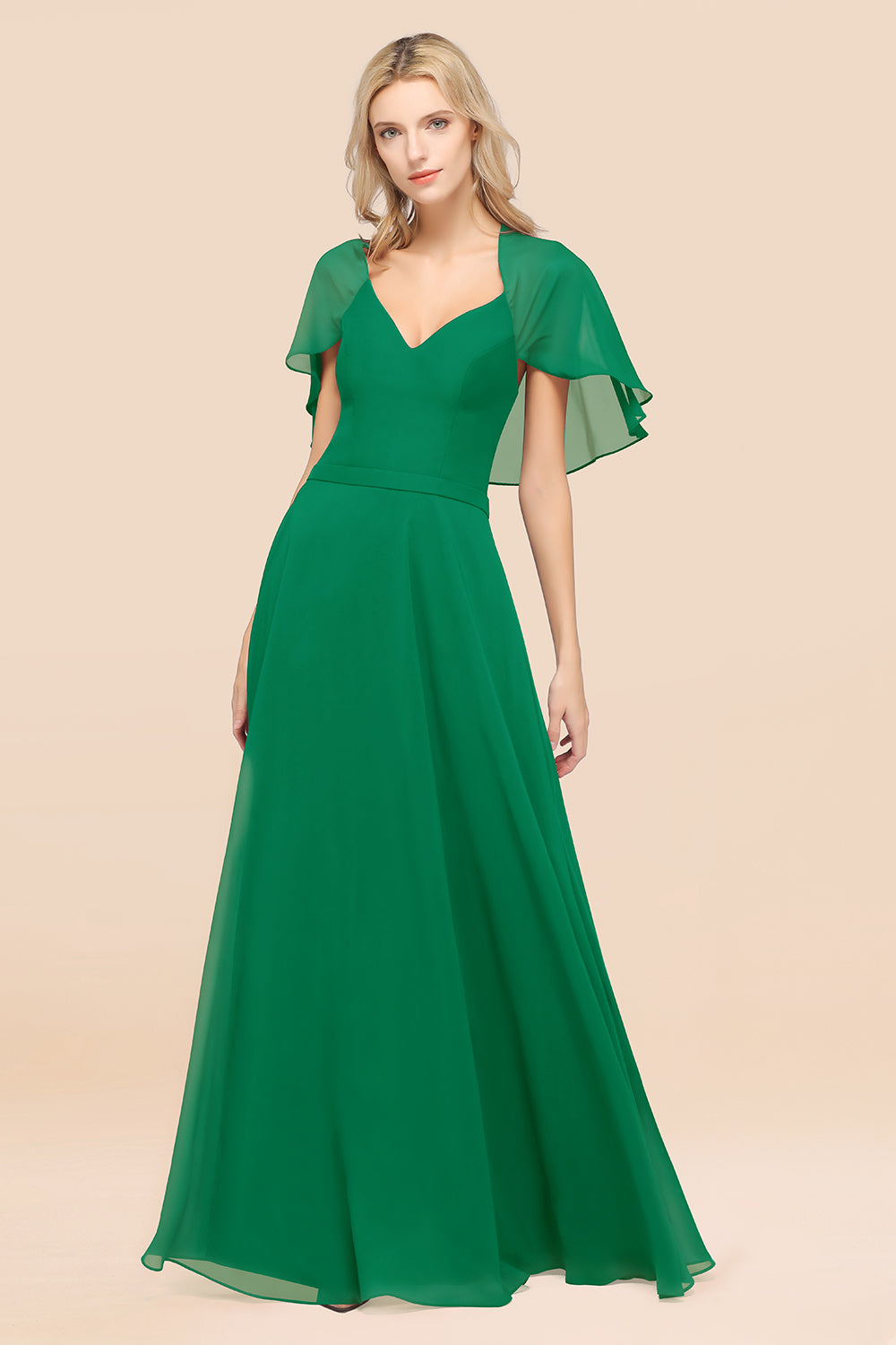 Chic Satin V-Neck Long Burgundy Chiffon Bridesmaid Dress with Flutter Sleeve-27dress