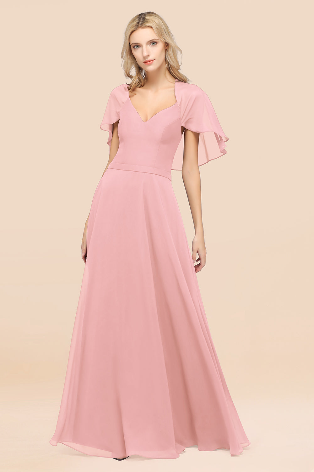Chic Satin V-Neck Long Burgundy Chiffon Bridesmaid Dress with Flutter Sleeve-27dress