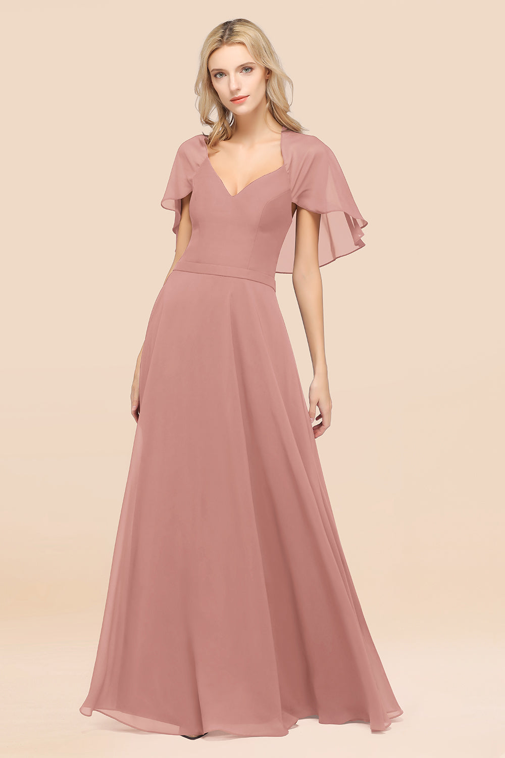 Chic Satin V-Neck Long Burgundy Chiffon Bridesmaid Dress with Flutter Sleeve-27dress