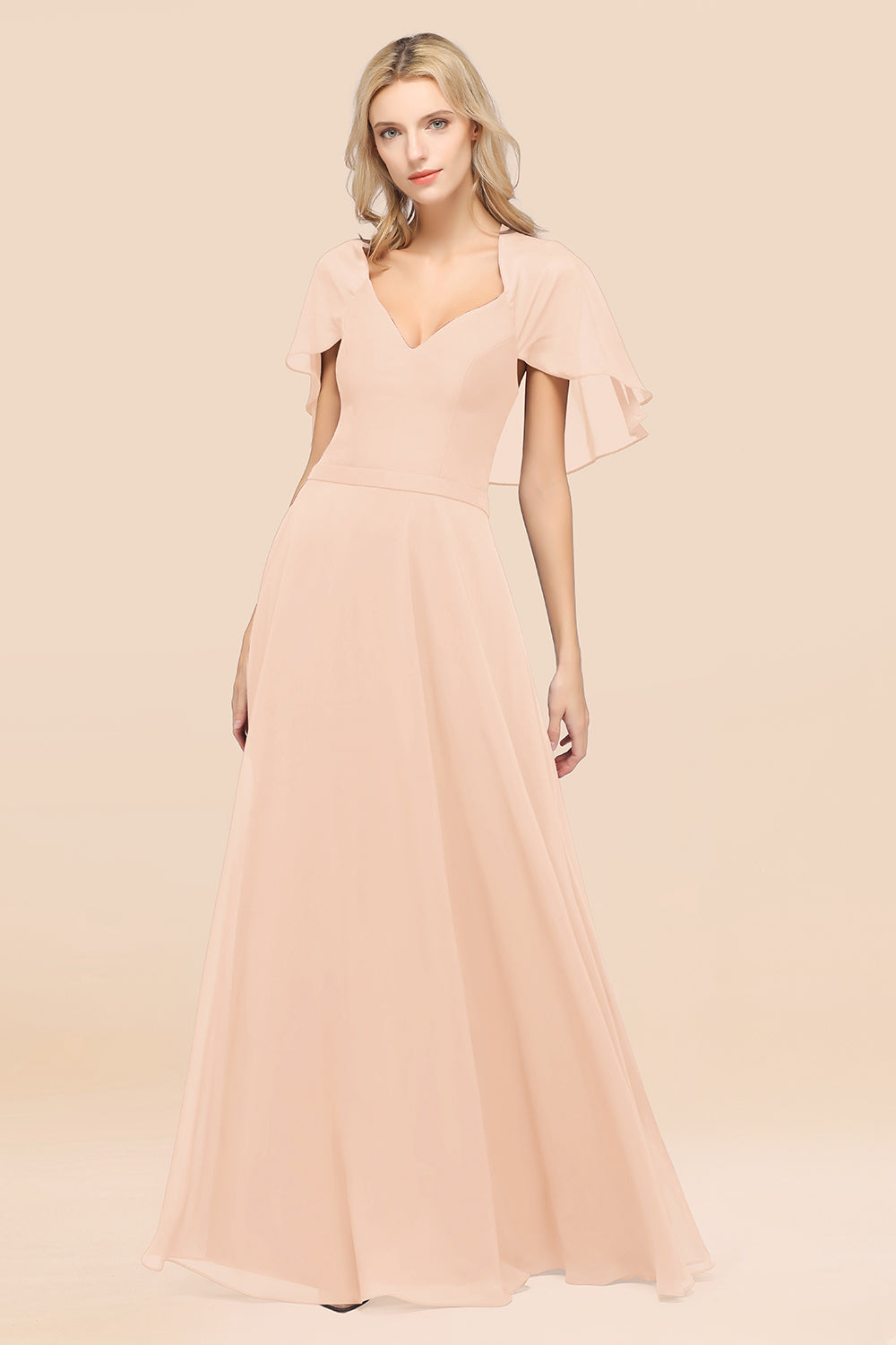 Chic Satin V-Neck Long Burgundy Chiffon Bridesmaid Dress with Flutter Sleeve-27dress