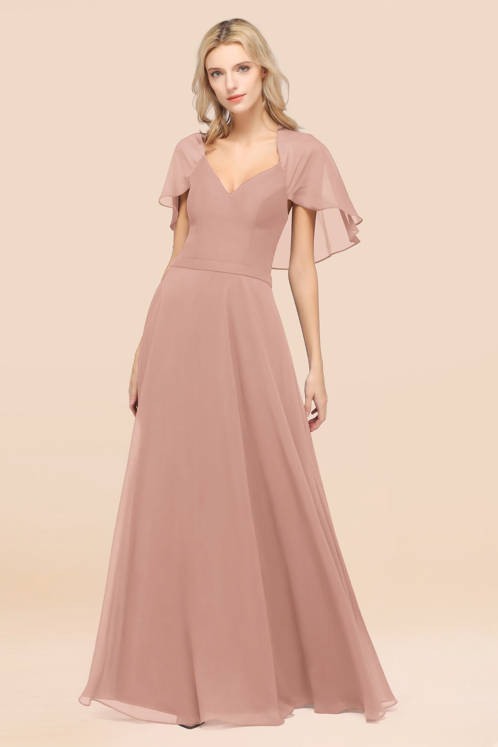Chic Satin V-Neck Long Burgundy Chiffon Bridesmaid Dress with Flutter Sleeve-27dress