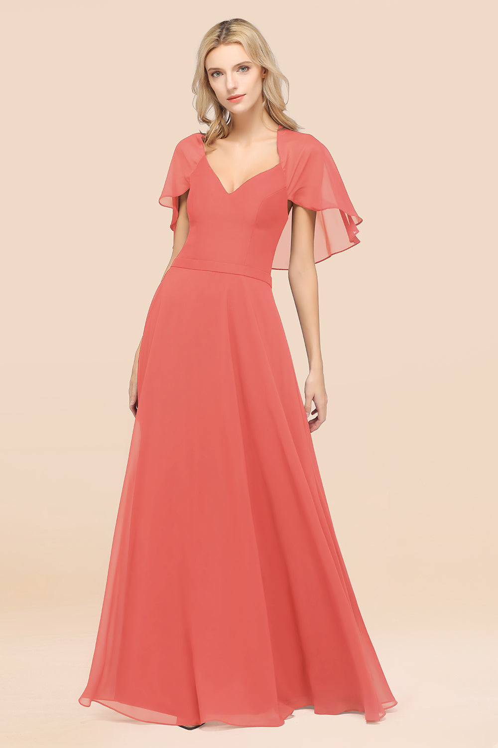 Chic Satin V-Neck Long Burgundy Chiffon Bridesmaid Dress with Flutter Sleeve-27dress