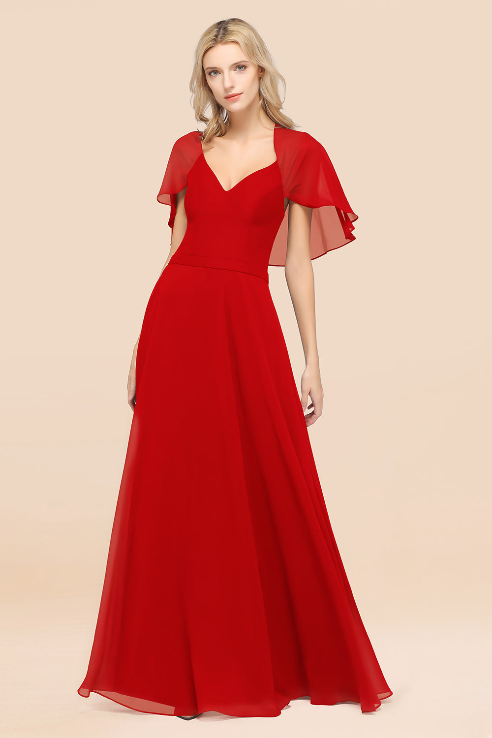 Chic Satin V-Neck Long Burgundy Chiffon Bridesmaid Dress with Flutter Sleeve-27dress