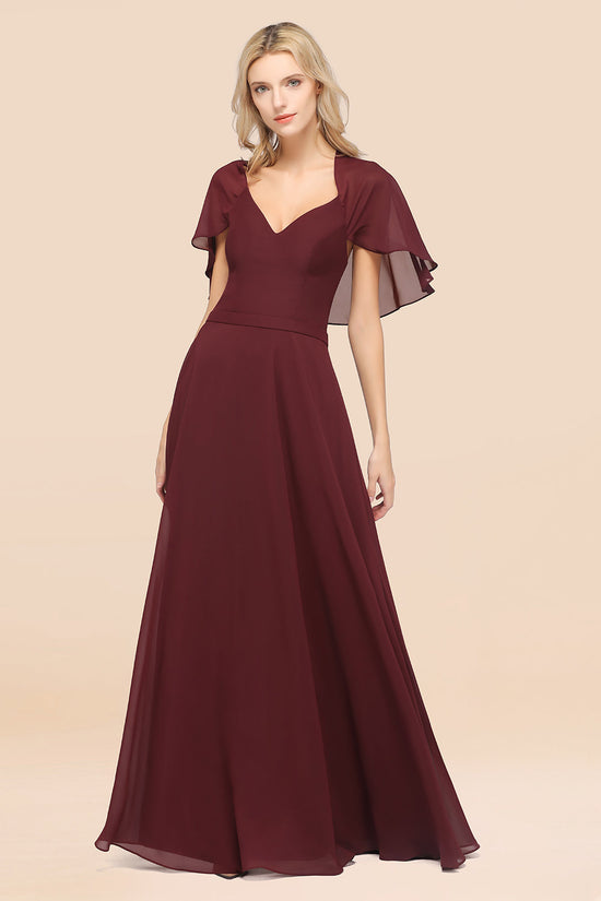 Chic Satin V-Neck Long Burgundy Chiffon Bridesmaid Dress with Flutter Sleeve-27dress
