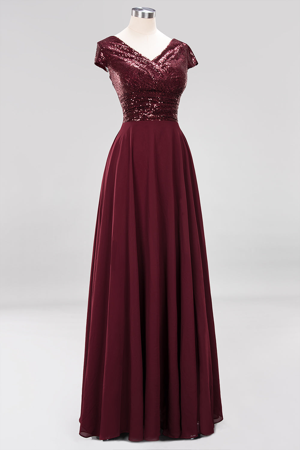 Chic Sequined Top V-Neck Sleeveless Burgundy Bridesmaid Dresses Online-27dress