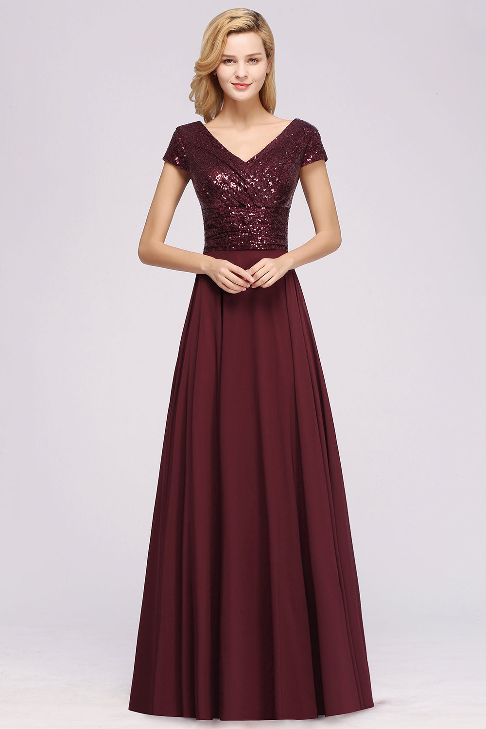 Chic Sequined Top V-Neck Sleeveless Burgundy Bridesmaid Dresses Online-27dress
