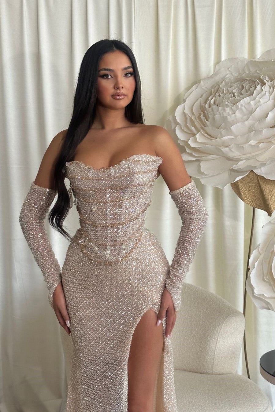 Chic Sequins Strapless Sleeveless Long Split Prom Dress With Outer Sleeves