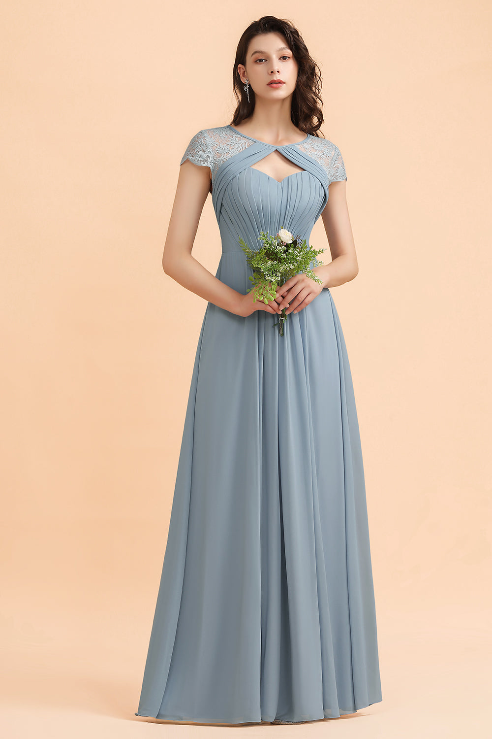 Load image into Gallery viewer, Chic Short Sleeves Lace Chiffon Bridesmaid Dress with Ruffles Online-27dress
