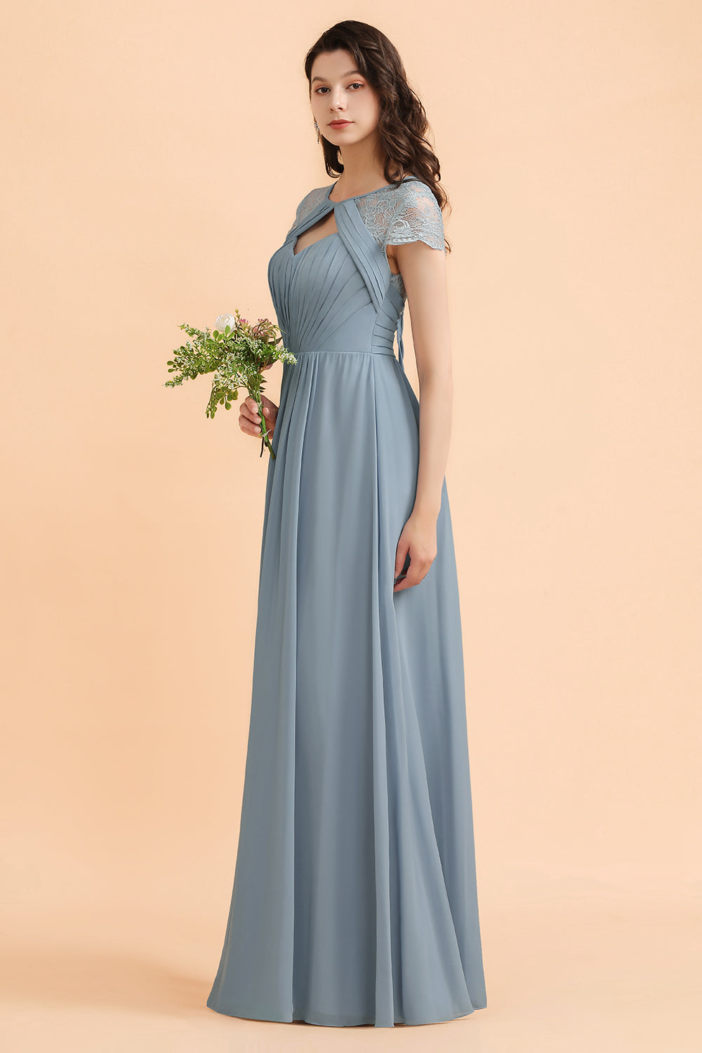 short sleeve bridesmaid dress Stacees A-line V Neck Chiffon Long/Floor-Length Pleated Waistband in UK Size 6 Chic Short Sleeves Lace Chiffon