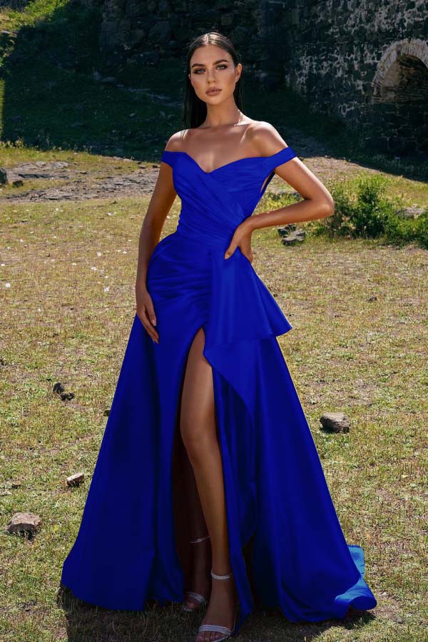 Chic Sleeveless Off the Shoulder Mermaid Pleated Prom Dress Red With Split