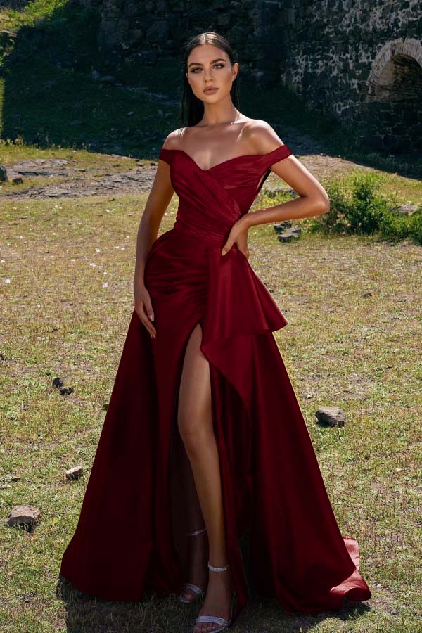 Chic Sleeveless Off the Shoulder Mermaid Pleated Prom Dress Red With Split
