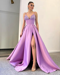 Chic Spaghetti Strap Sleeveless Sequins A Line Prom Dress With Front Split