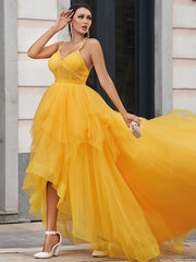 Chic Spaghetti Strap V Neck Sleeveless Tulle Long Prom Dress With Beadings