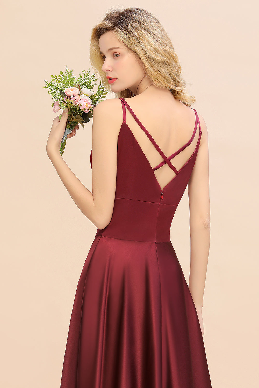 Chic Spaghetti-Straps Burgundy Satin Long Bridesmaid Dress Online-27dress