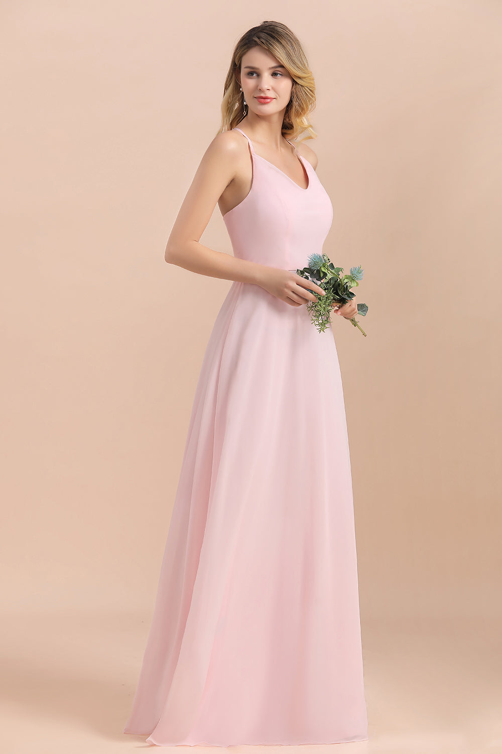 Chic Spaghetti Straps Chiffon Pink Bridesmaid Dresses with Crisscross Back-27dress