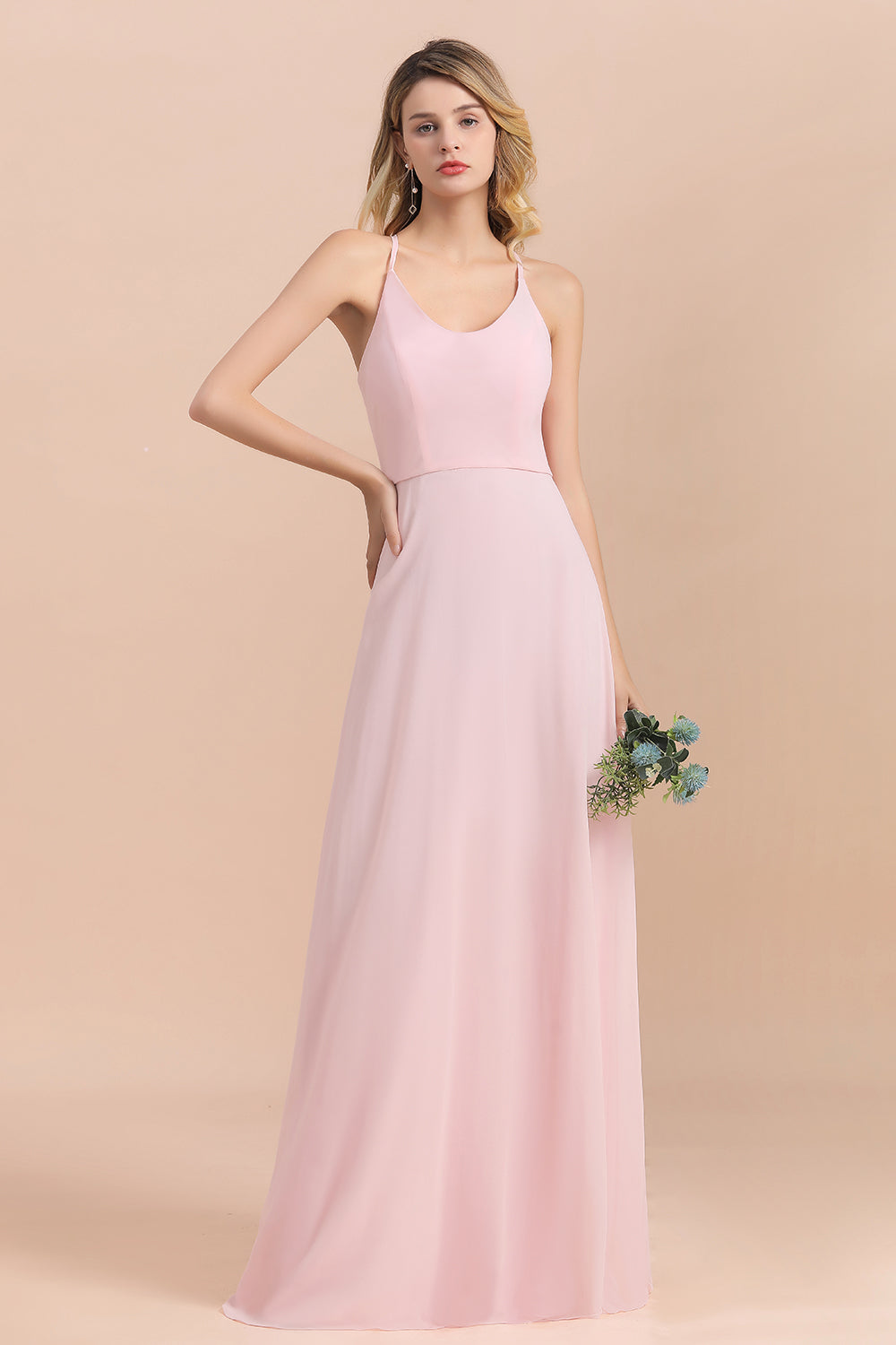 Chic Spaghetti Straps Chiffon Pink Bridesmaid Dresses with Crisscross Back-27dress