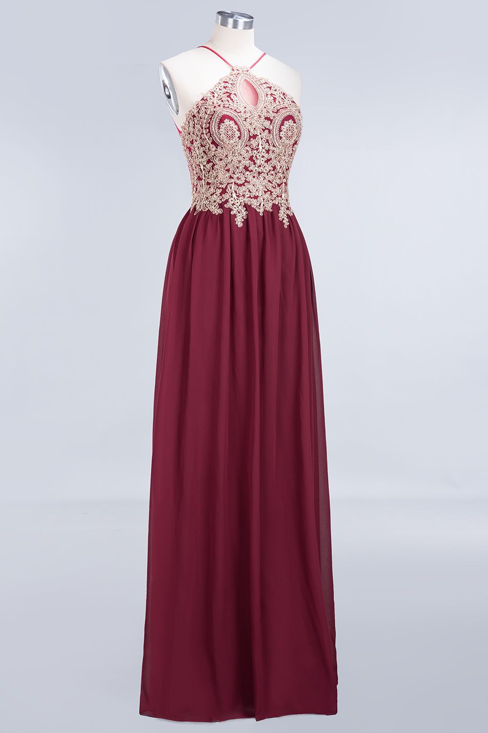 Chic Spaghetti Straps Long Burgundy Backless Bridesmaid Dress with Appliques-27dress