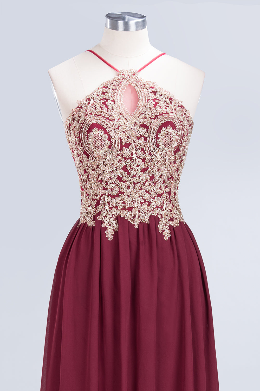 Chic Spaghetti Straps Long Burgundy Backless Bridesmaid Dress with Appliques-27dress