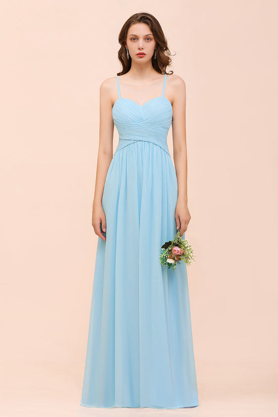 Chic Spaghetti Straps Ruffle Sky Blue Chiffon Bridesmaid Dress Online-27dress