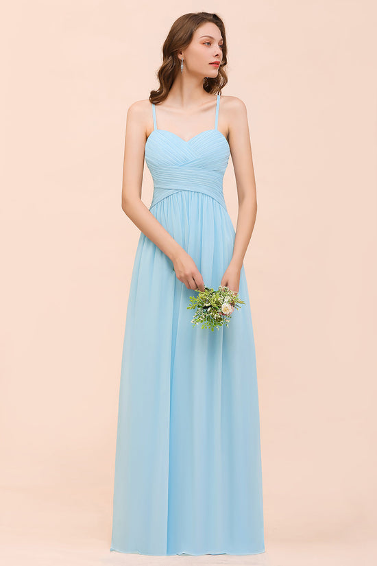 Chic Spaghetti Straps Ruffle Sky Blue Chiffon Bridesmaid Dress Online-27dress