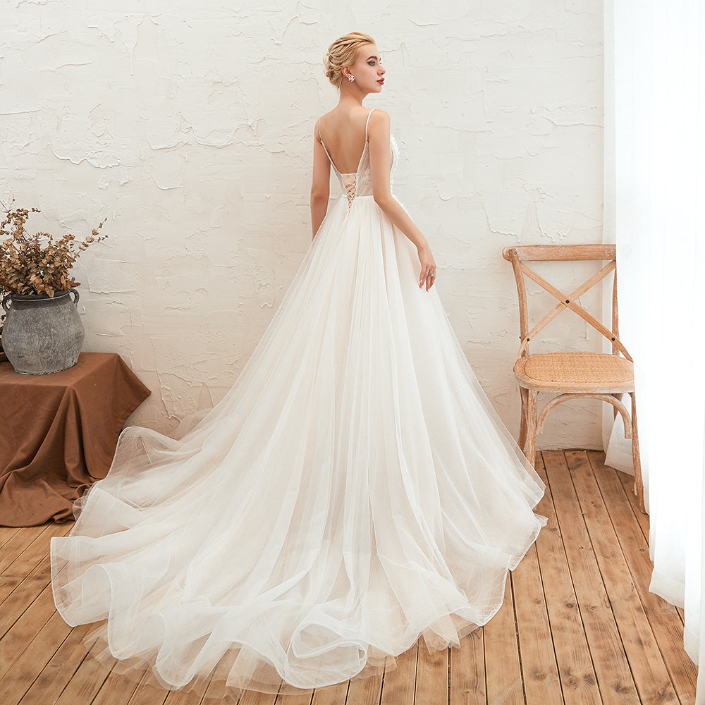 Chic Spaghetti Straps V-Neck Ivory Tulle Wedding Dresses with Appliques-27dress