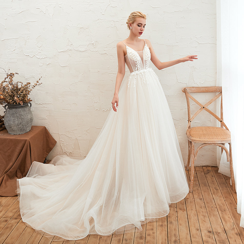 Chic Spaghetti Straps V-Neck Ivory Tulle Wedding Dresses with Appliques-27dress
