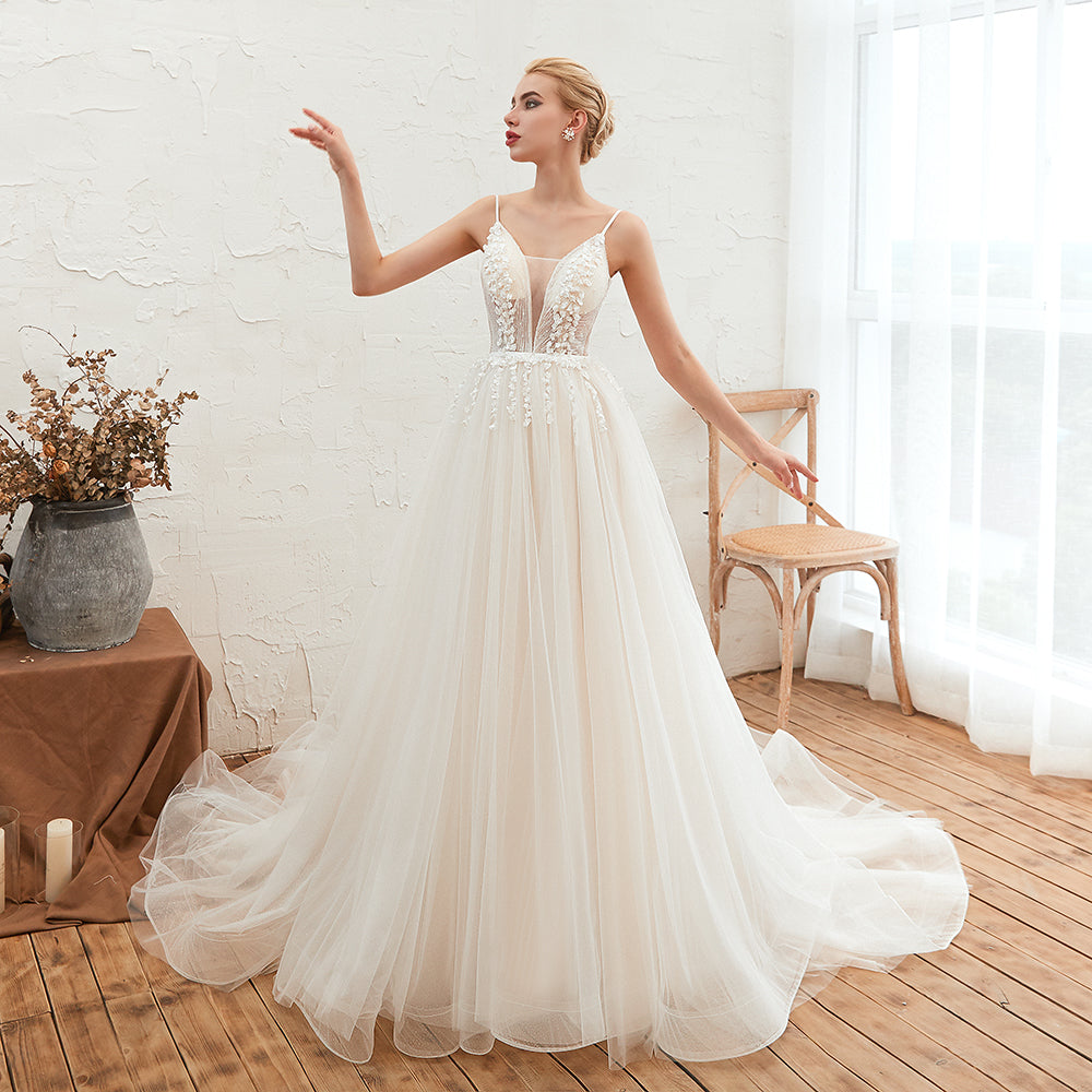Chic Spaghetti Straps V-Neck Ivory Tulle Wedding Dresses with Appliques-27dress