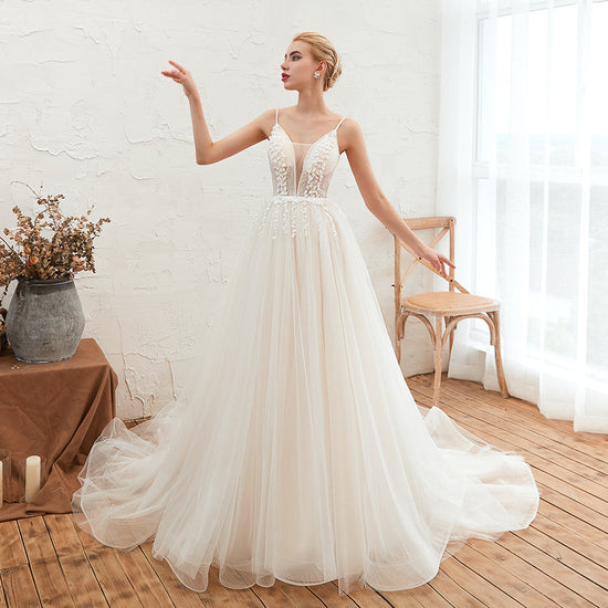 Load image into Gallery viewer, Chic Spaghetti Straps V-Neck Ivory Tulle Wedding Dresses with Appliques-27dress
