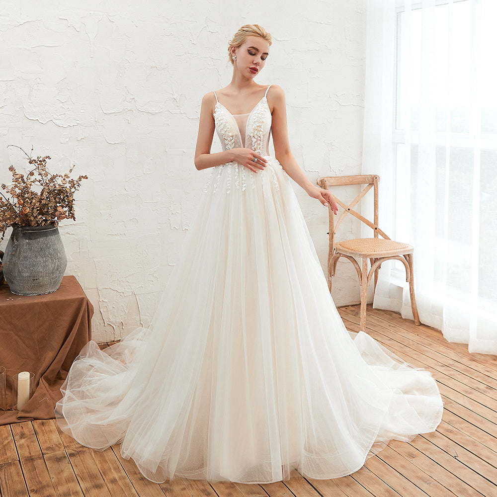 Chic Spaghetti Straps V-Neck Ivory Tulle Wedding Dresses with Appliques-27dress