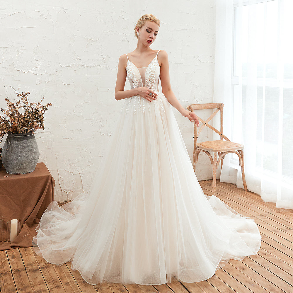 Load image into Gallery viewer, Chic Spaghetti Straps V-Neck Ivory Tulle Wedding Dresses with Appliques-27dress
