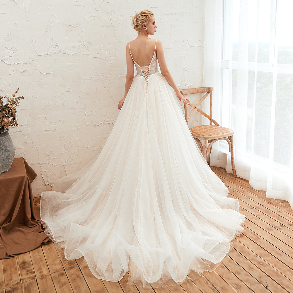 Chic Spaghetti Straps V-Neck Ivory Tulle Wedding Dresses with Appliques-27dress