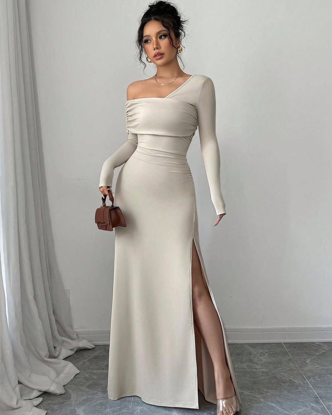 Chic Spandex One Shoulder Long Sleeves Prom Dress With Split HF0001