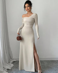 Chic Spandex One Shoulder Long Sleeves Prom Dress With Split HF0001