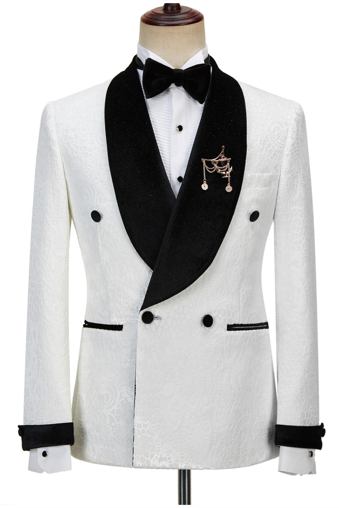 Chic Sparkle Shawl Lapel Jacquard Double Breasted White Wedding Suits