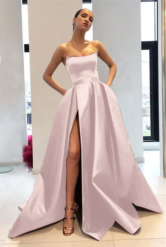 Chic Strapless Burgundy Sleeveless A Line Long Prom Dress With Front Split