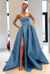 Chic Strapless Burgundy Sleeveless A Line Long Prom Dress With Front Split