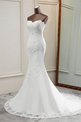 Chic Strapless Lace Appliques White Mermaid Wedding Dresses with Beadings Online-27dress