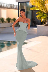 Chic Strapless Sleeveless Long Mermaid Prom Dress With Beading