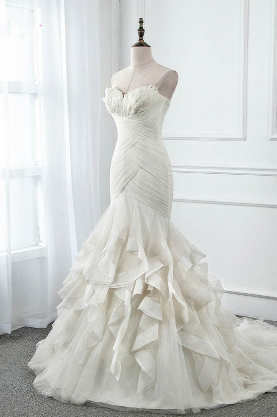 Chic Strapless Sweetheart Ivory Wedding Dresses Ruffles Tulle Sleeveless Bridal Gowns with Feather-27dress