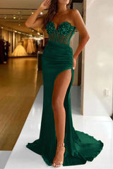 Chic Strapless Sweetheart Sleeveless Pleated Mermaid Split Prom With Sequins