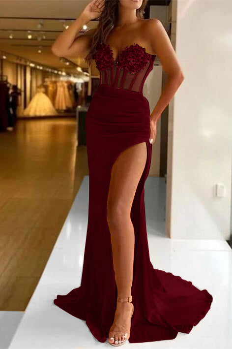 Chic Strapless Sweetheart Sleeveless Pleated Mermaid Split Prom With Sequins