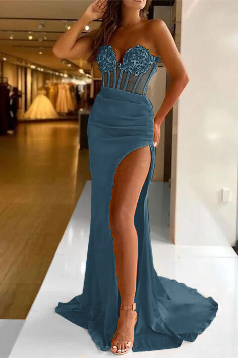Chic Strapless Sweetheart Sleeveless Pleated Mermaid Split Prom With Sequins