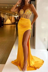 Chic Strapless Sweetheart Sleeveless Pleated Mermaid Split Prom With Sequins