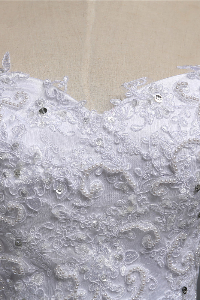 Chic Strapless Sweetheart Tulle Lace Wedding Dresses Sleeveless Appliques Bridal Gowns with Beadings-27dress