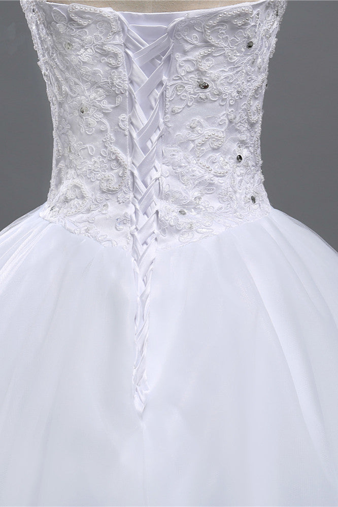 Chic Strapless Sweetheart Tulle Lace Wedding Dresses Sleeveless Appliques Bridal Gowns with Beadings-27dress