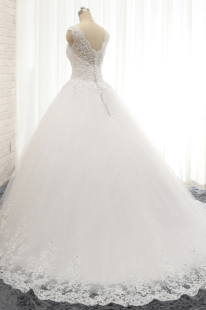 Chic Straps V-Neck Tulle Lace Wedding Dress Sleeveless Appliques Beadings Bridal Gowns On Sale-27dress