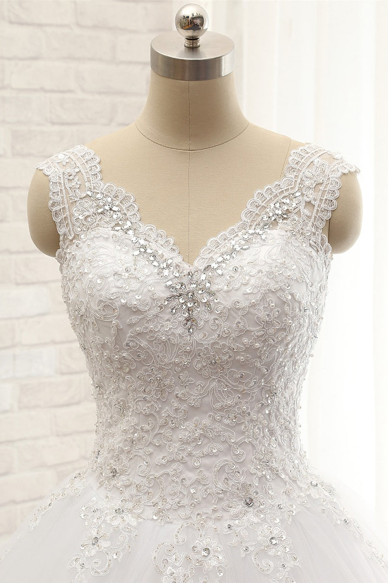 Chic Straps V-Neck Tulle Lace Wedding Dress Sleeveless Appliques Beadings Bridal Gowns On Sale-27dress